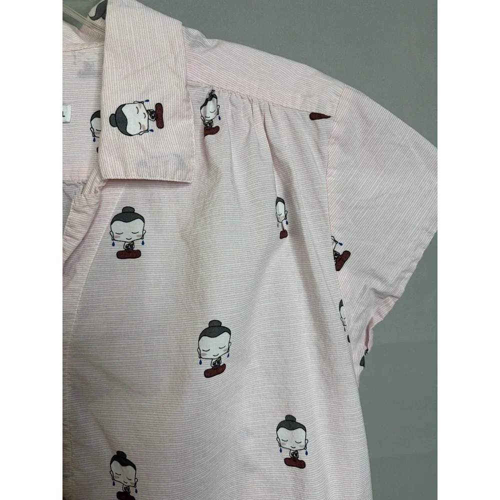 The Cats Pajamas Set L Pink Buddha Print 100% Cotton Button Top Pants